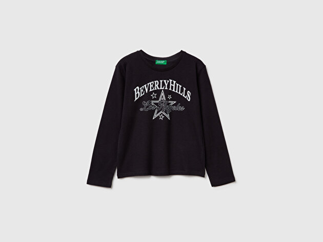Benetton Kız Çocuk Siyah Önü Simli Baskılı Jarse Uzun Kollu T-shirt