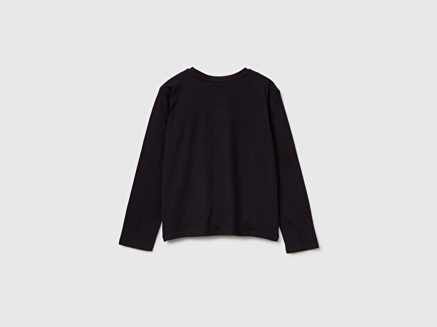 Benetton Kız Çocuk Siyah Önü Simli Baskılı Jarse Uzun Kollu T-shirt