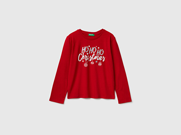Benetton Kız Çocuk Kırmızı Önü Simli Baskılı Jarse Uzun Kollu T-shirt