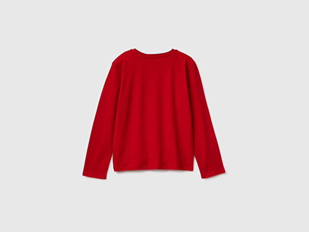 Benetton Kız Çocuk Kırmızı Önü Simli Baskılı Jarse Uzun Kollu T-shirt