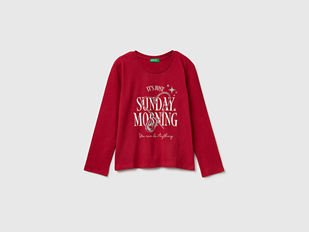 Benetton Kız Çocuk Bordo Önü Simli Baskılı Jarse Uzun Kollu T-shirt