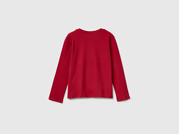 Benetton Kız Çocuk Bordo Önü Simli Baskılı Jarse Uzun Kollu T-shirt
