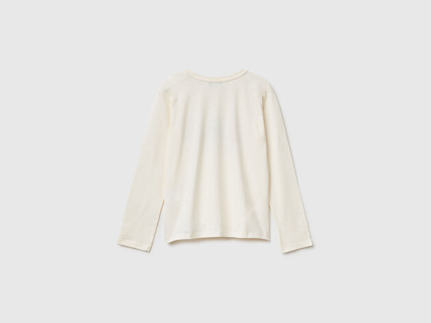 Benetton Kız Çocuk Ekru Önü Simli Baskılı Jarse Uzun Kollu T-shirt