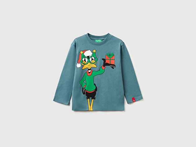 Benetton Erkek Bebek Gri-Yeşil Tazmanya Baskılı Logo Etiketli Jarse Oversize Uzun Kollu T-shirt