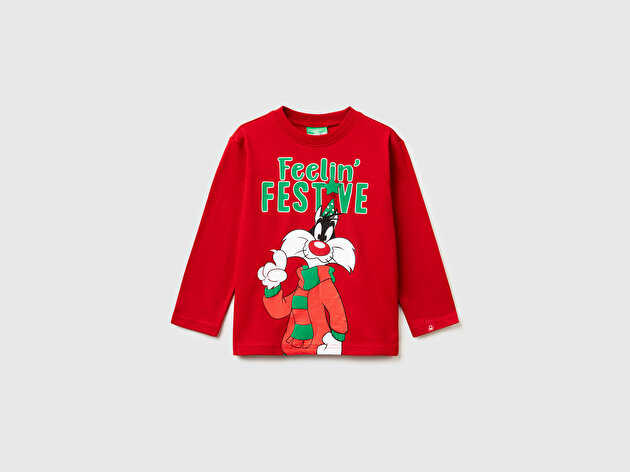 Benetton Erkek Bebek Kırmızı Tazmanya Baskılı Logo Etiketli Jarse Oversize Uzun Kollu T-shirt