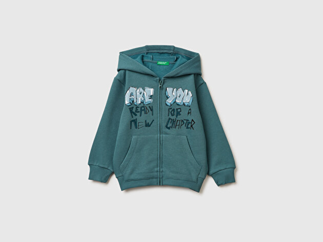 Benetton Erkek Bebek Gri-Yeşil Arkası Baskılı Fermuarlı Ribanalı Kapüşonlu Sweatshirt