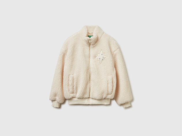 Benetton Kız Çocuk Ekru Aplikeli Astarlı Ribanalı Fermuarlı Jarse Peluş Ceket