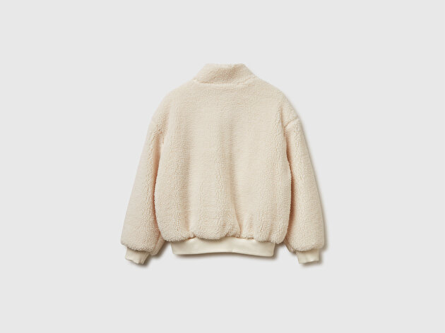 Benetton Kız Çocuk Ekru Aplikeli Astarlı Ribanalı Fermuarlı Jarse Peluş Ceket