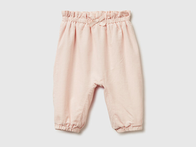 Benetton Bebek Toz Pembe Fiyonk ve Etiket Detaylı Kadife Pantolon