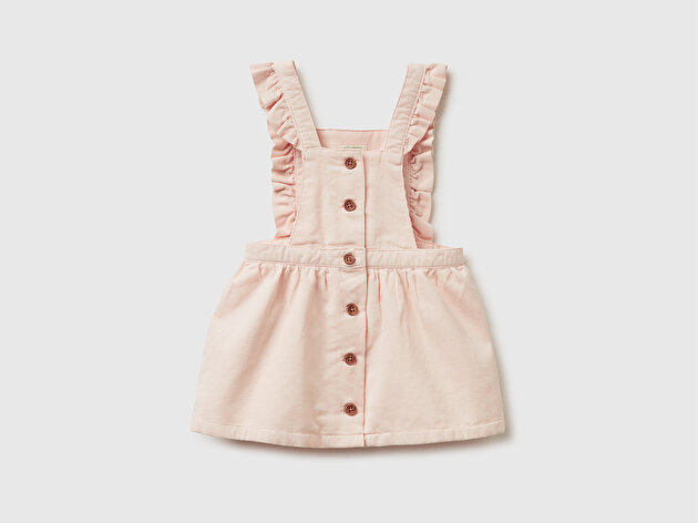Benetton Bebek Toz Pembe Önü Düğme Detaylı Fırfırlı Askılı Kadife Elbise
