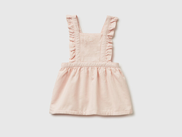 Benetton Bebek Toz Pembe Önü Düğme Detaylı Fırfırlı Askılı Kadife Elbise