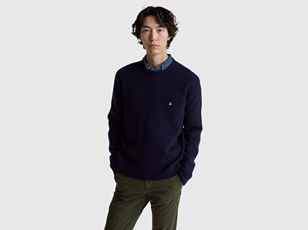 Benetton Erkek Lacivert Yün Karışımlı Önü Logo İşlemeli Bisiklet Yaka Kazak