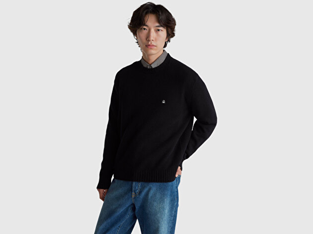 Benetton Erkek Siyah Yün Karışımlı Önü Logo İşlemeli Bisiklet Yaka Kazak