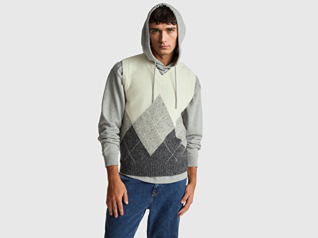 Benetton Erkek Krem Yün Karışımlı Baklava Desenli Ribana Detaylı Kolsuz Kazak