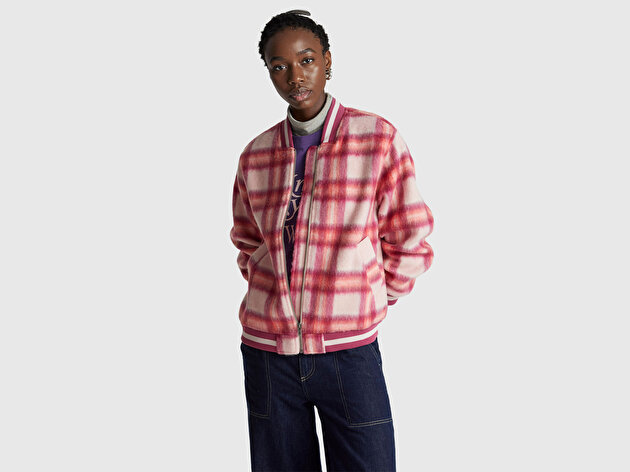 Benetton Kadın Kırmızı Ekoseli Yün ve Viskoz Karışımlı Desenli Fermuarlı Ceket