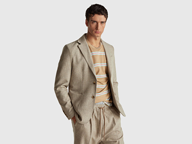 Benetton Erkek Gri Yün ve Viskoz Karışımlı Cep Detaylı Düğmeli Kruvaze Ceket