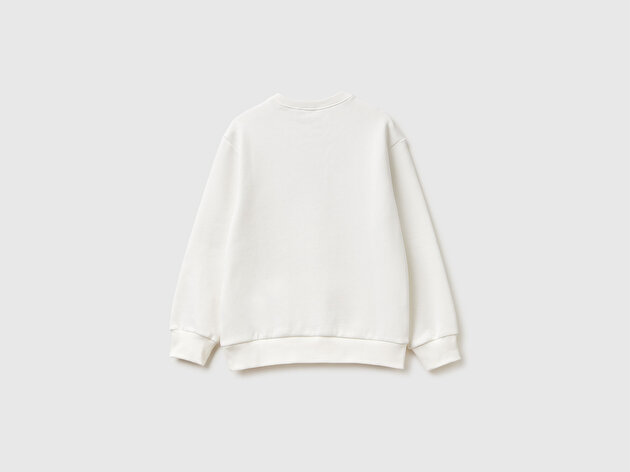 Benetton Erkek Çocuk Ekru Peanuts XMAS Baskılı Logo Etiketli Kabartmalı Ribanalı Sweatshirt