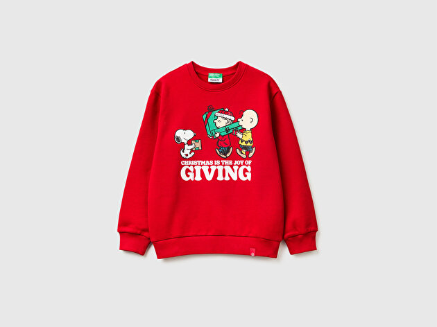 Benetton Erkek Çocuk Kırmızı Peanuts XMAS Baskılı Logo Etiketli Kabartmalı Ribanalı Sweatshirt