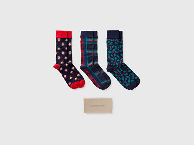 Benetton Erkek Çok Renkli Mix Xmas Desenli 3'lü Soket Çorap Seti