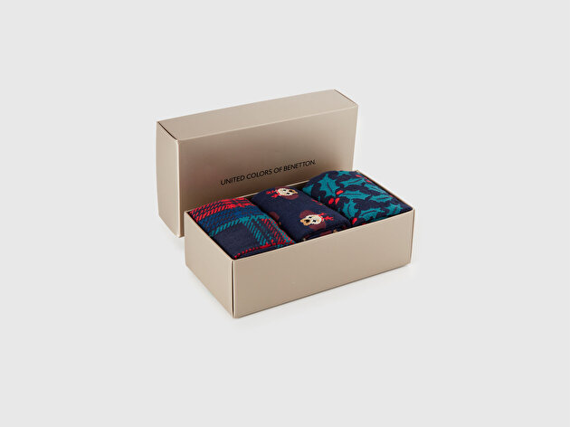 Benetton Erkek Çok Renkli Mix Xmas Desenli 3'lü Soket Çorap Seti