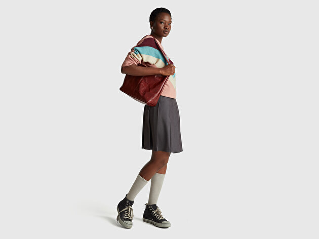 Benetton Kadın Gül Kurusu Kaşmir Karışımlı Desenli Kayık Yaka Stranger Things Kazak