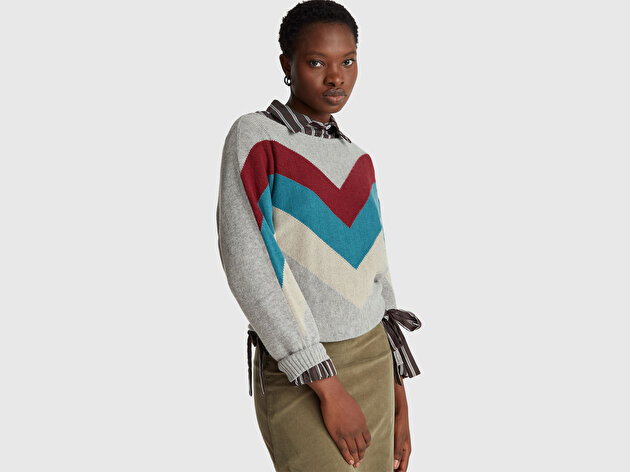 Benetton Kadın Gri Melanj Kaşmir Karışımlı Desenli Kayık Yaka Stranger Things Kazak