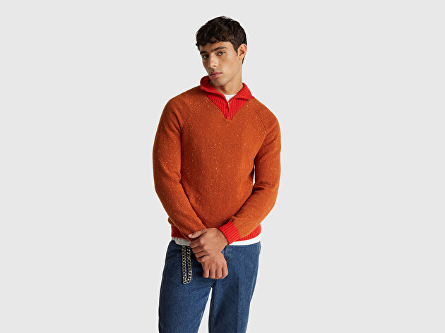 Benetton Erkek Turuncu  Yün Viskoz Karışımlı Yarım Fermuarlı Dik Yaka Stranger Things Kazak