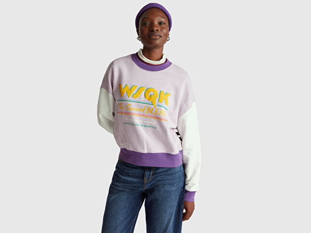 Benetton Kadın Beyaz  %100 Pamuk Renk Bloklu Stranger Things Baskılı Sweatshirt