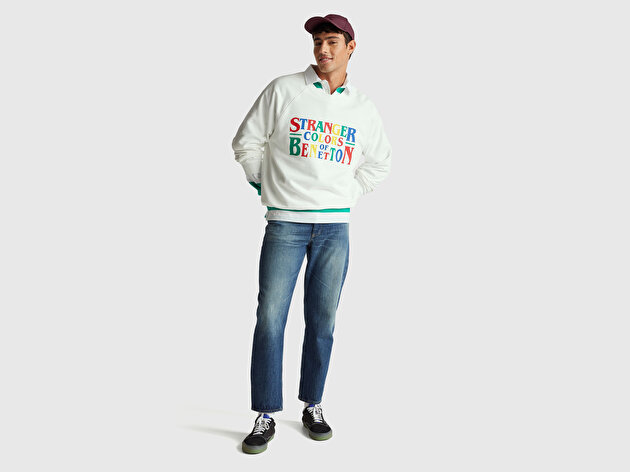 Benetton Erkek Beyaz  %100 Pamuk Relaxed Fit Stranger Things Baskılı Sweatshirt