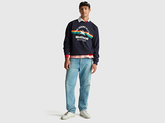 Benetton Erkek Lacivert  %100 Pamuk Relaxed Fit Stranger Things Baskılı Sweatshirt