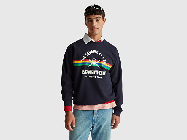 Benetton Erkek Lacivert  %100 Pamuk Relaxed Fit Stranger Things Baskılı Sweatshirt