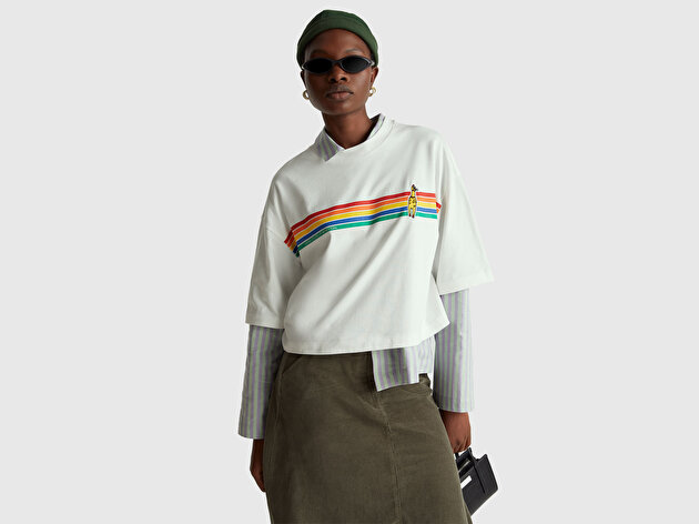 Benetton Kadın Beyaz  %100 Pamuk Boxy Fit Stranger Things Baskılı T-Shirt