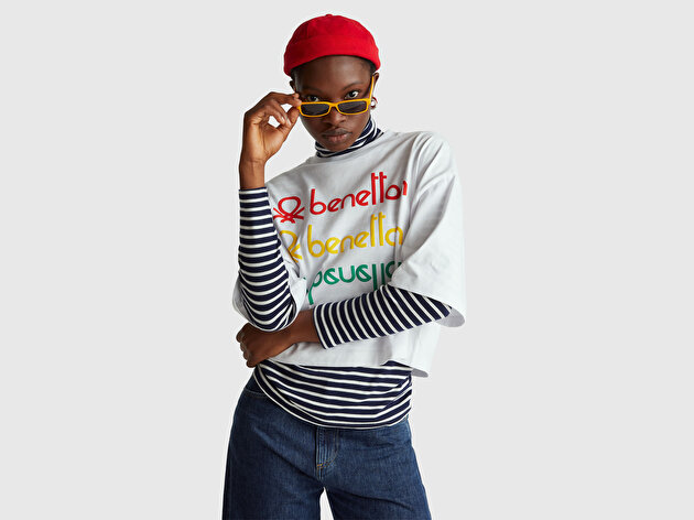 Benetton Kadın Beyaz mix  %100 Pamuk Boxy Fit Stranger Things Baskılı T-Shirt