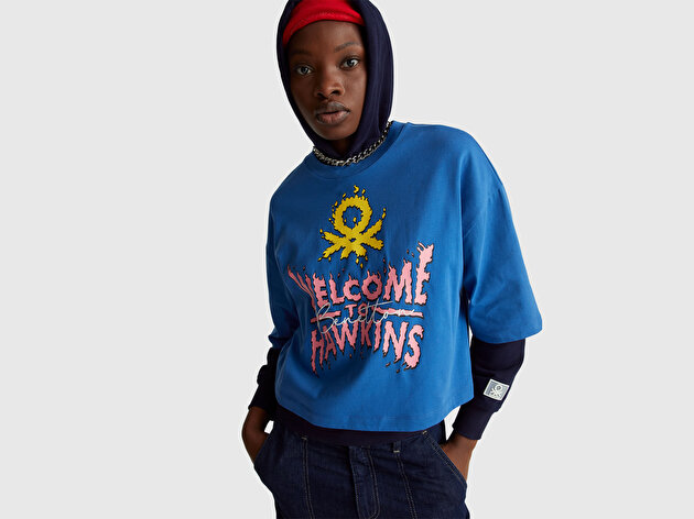 Benetton Kadın Mavi  %100 Pamuk Boxy Fit Stranger Things Baskılı T-Shirt