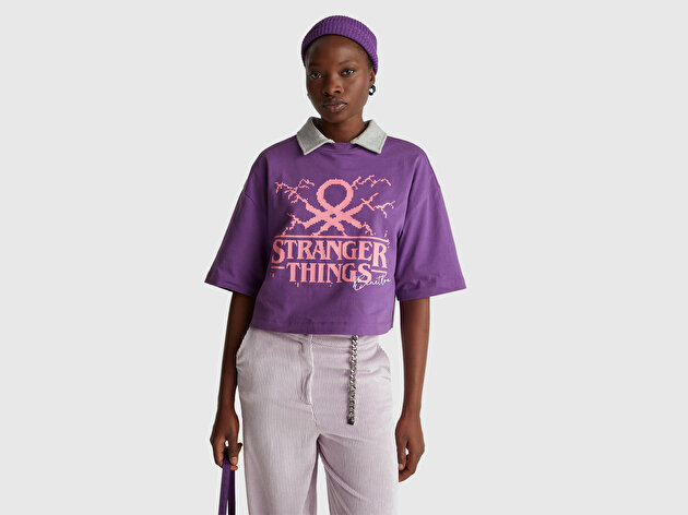 Benetton Kadın Mor  %100 Pamuk Boxy Fit Stranger Things Baskılı T-Shirt