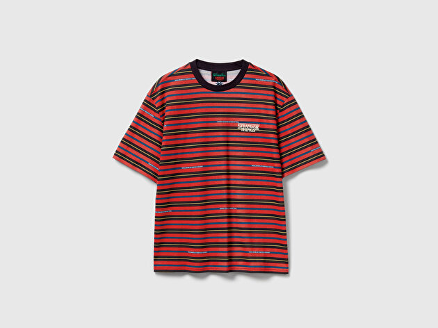 Benetton Unisex Kırmızı  %100 Pamuk Relaxed Fit Çizgili Stranger Things T-Shirt