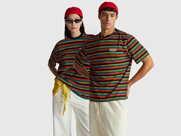 Benetton Unisex Lacivert Mix  %100 Pamuk Relaxed Fit Çizgili Stranger Things T-Shirt