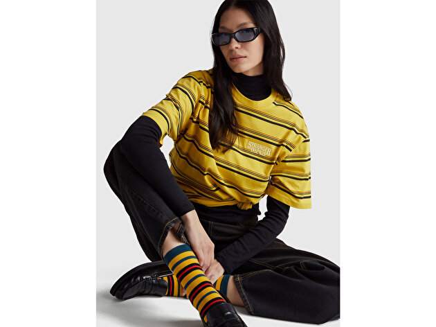 Benetton Unisex Sarı  %100 Pamuk Relaxed Fit Çizgili Stranger Things T-Shirt