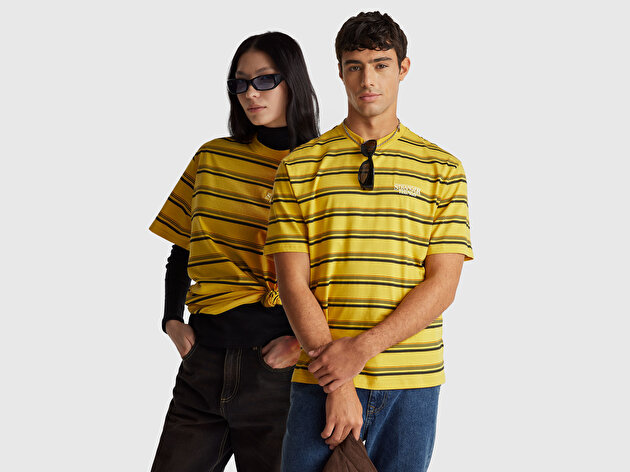 Benetton Unisex Sarı  %100 Pamuk Relaxed Fit Çizgili Stranger Things T-Shirt