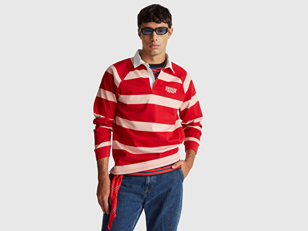Benetton Erkek Kırmızı %100 Koton Stranger Things Uzun Kollu Polo T-Shirt