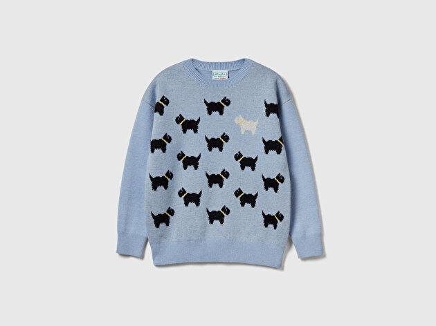 Benetton Kız Çocuk Yün Karışımlı Allover Köpek Desenli Stranger Things Triko