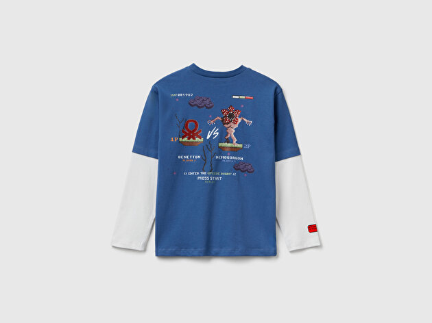 Benetton Erkek Çocuk %100 Pamuk Stranger Things Çift Kollu Baskılı Uzun Kollu T-Shirt