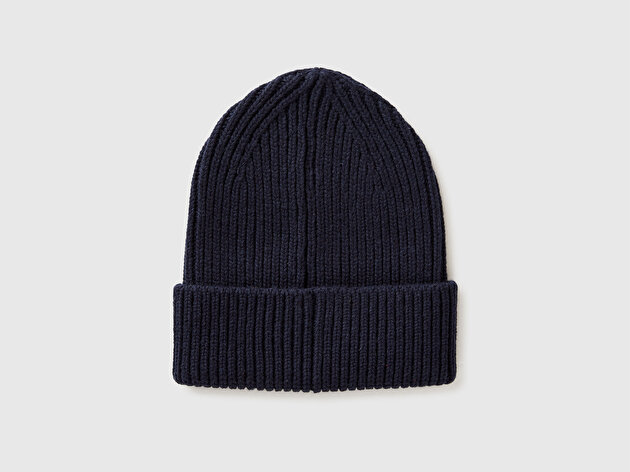 Benetton Erkek Lacivert Yün ve Akrilik Karışımlı Logo İşlemeli Ribana Katlamalı Bere