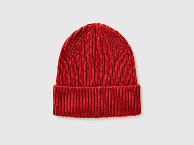 Benetton Erkek Kırmızı Yün ve Akrilik Karışımlı Logo İşlemeli Ribana Katlamalı Bere