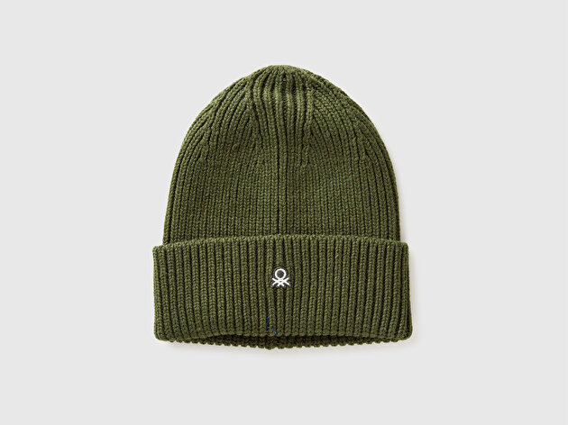 Benetton Erkek Haki Yeşilli Yün ve Akrilik Karışımlı Logo İşlemeli Ribana Katlamalı Bere