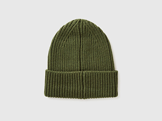 Benetton Erkek Haki Yeşilli Yün ve Akrilik Karışımlı Logo İşlemeli Ribana Katlamalı Bere