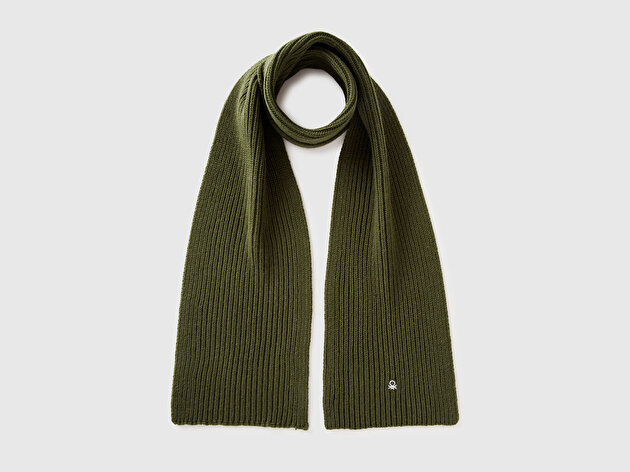 Benetton Erkek Haki Yeşilli Yün ve Akrilik Karışımlı Logo İşlemeli Ribanalı Atkı