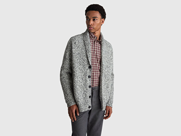 Benetton Erkek Çok Renkli Pamuk ve Yün Karışımlı Ribana Detaylı Düğmeli Kruvaze Hırka