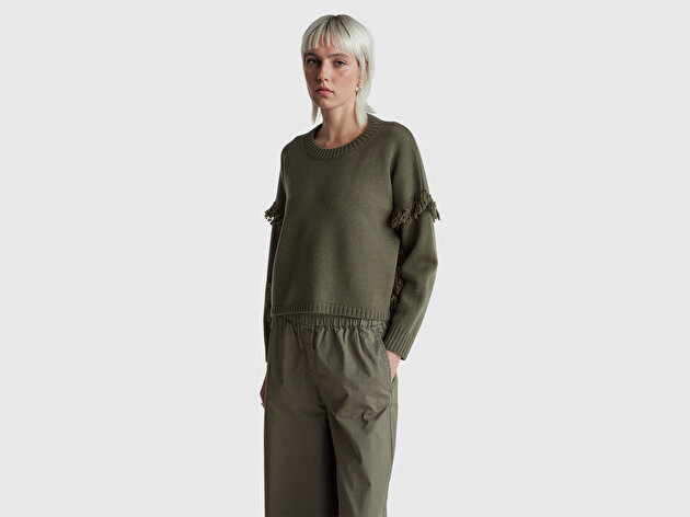 Benetton Kadın Haki Yün ve Akrilik Karışımlı Ribana Detaylı Bisiklet Yaka Kazak