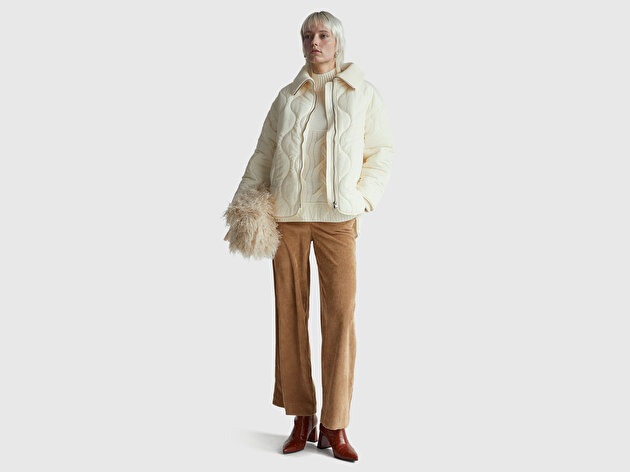 Benetton Kadın Krem Fermuarlı Gömlek Yaka Kapitone Ceket